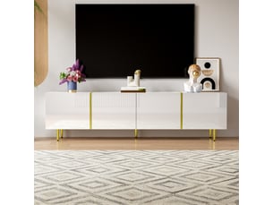 Meuble tv blanc laqué 170 cm avec 4 portes, meuble tv moderne en mdf avec détails dorés pour salon
