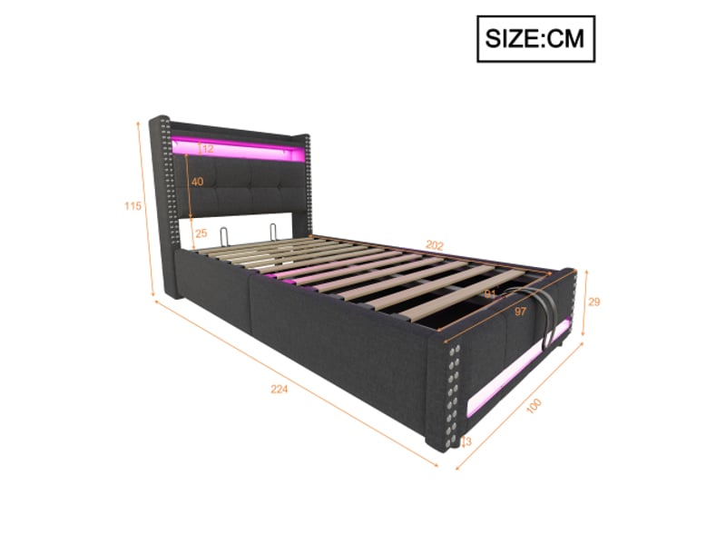  Lit coffre 90x200 cm, lit enfant avec éclairage led, prise usb et étagères de rangement, tissu en lin gris clair, sans matelas  - Conforama D