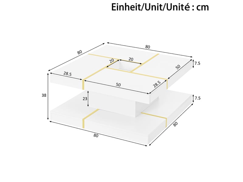 Table basse carrée à 2 niveaux avec niche centrale et finitions métalliques dorées pour salon, 80 × 80 × 38 cm - Conforama E