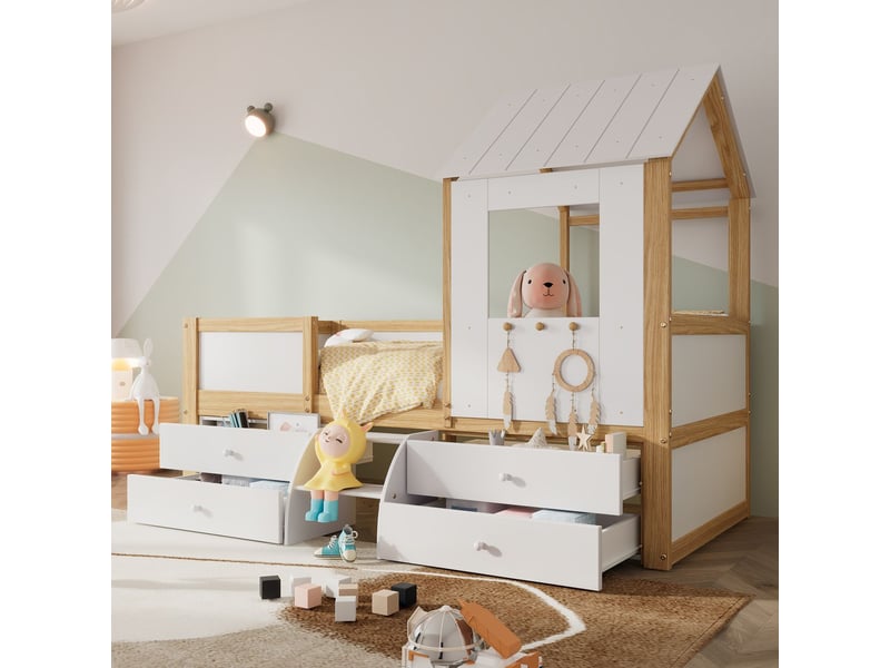  Lit enfant 90x200 cm lit cabane 1 personne clôture sur quatre côtés avec 4 tiroirs et petit escalier, blanc + naturel  - Conforama B