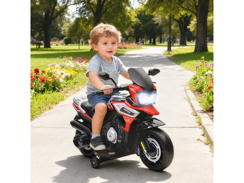 Moto électrique pour enfants avec roues, rétroviseurs et repose-pieds, en polypropylène et métal, 85,5 x 44,5 x 56 cm, rouge - Conforama D
