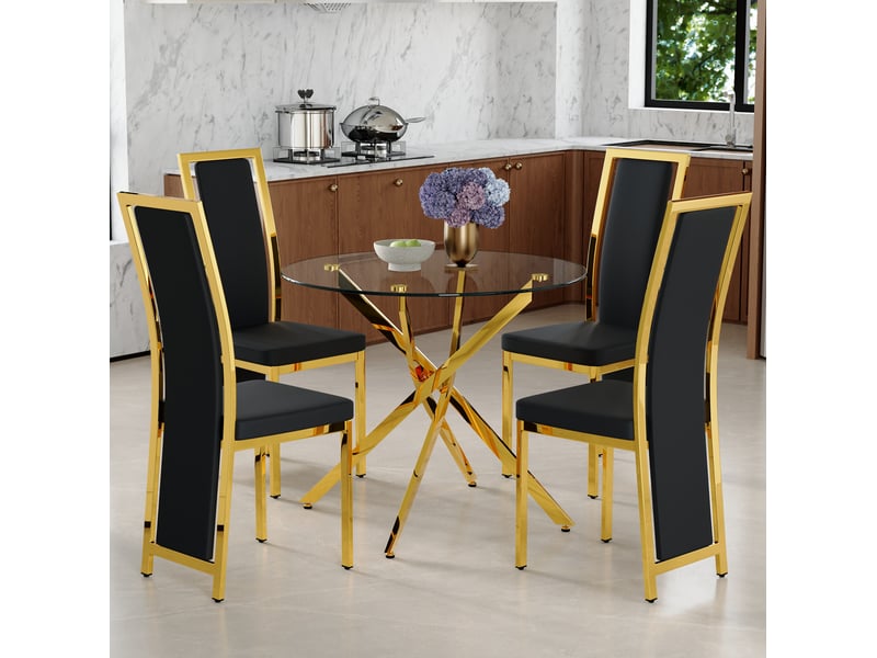  Set de table et de chaises 88 cm luxueux en verre trempé avec structure en métal dorée, combiné à 4 chaises minimalistes noires à bord doré pour la salle à manger  - Conforama E