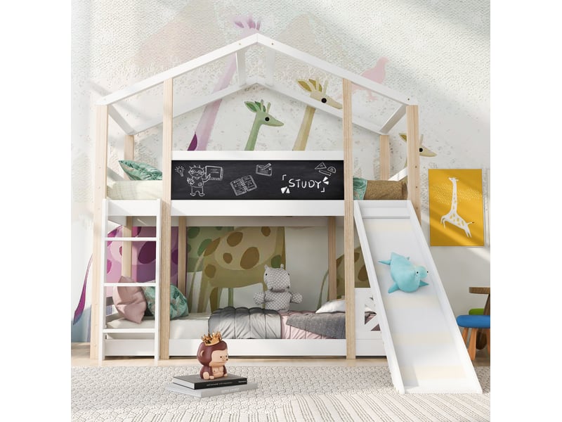  Lit superposé enfant 90 x 200 cm avec toboggan, échelle et toit, blanc et bois  - Conforama E