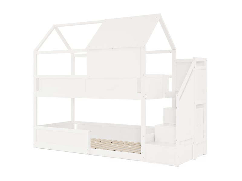 Lit superposé enfant 80 × 200 cm 2 places avec barrières et escalier, sans matelas, en bois massif, blanc - Conforama A