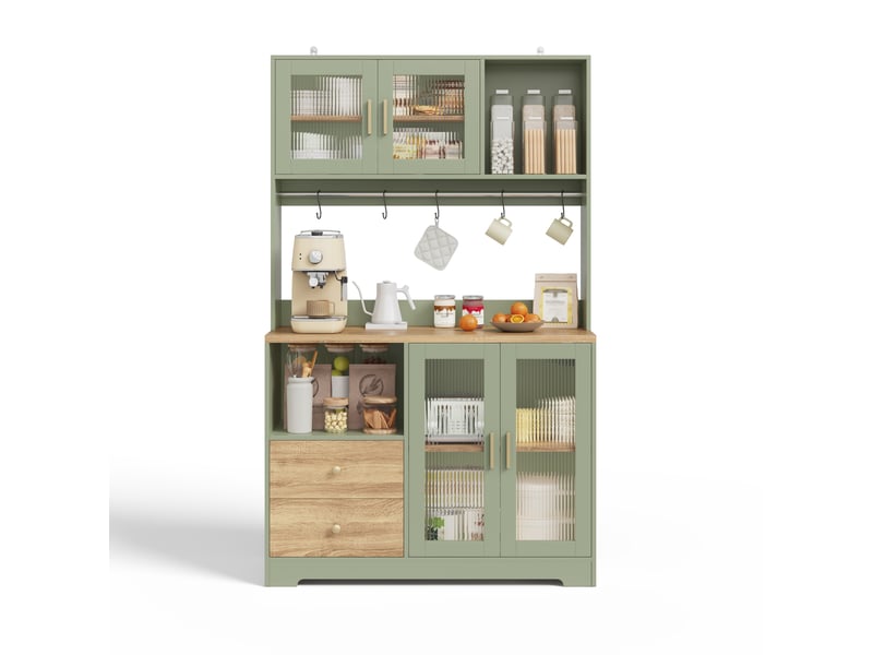  Buffet haut de cuisine 110 x 40 x 178 cm avec 4 portes vitrées, led, 2 prises + 2 usb, porte-bouteilles, plateau effet bois, vert Sol Morn - Conforama A