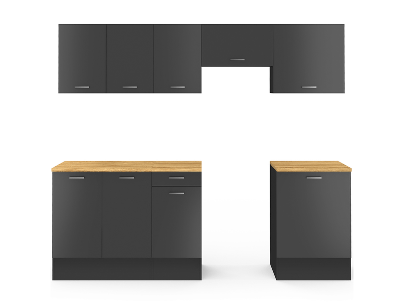 Cuisine complète 240 cm subtil avec plan de travail 7 éléments noir et plateaux bois - Conforama C