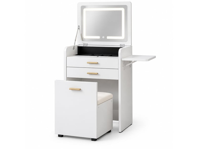  Coiffeuse 40x50x87.2 cm avec miroir led rabattable et tabouret, verre et bois, coloris blanc  - Conforama A
