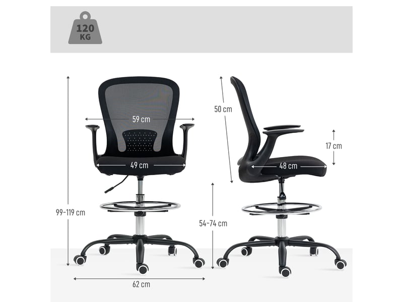 Chaise de bureau réglable en hauteur avec repose-pieds et soutien lombaire ajustables, 62 x 59 x 119 cm, noire  - Conforama E