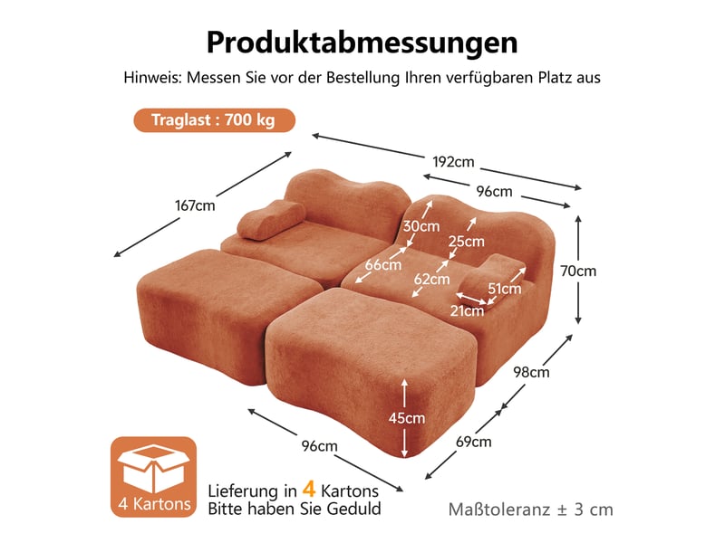  Canapé modulable, canapé 2 places — base antidérapante, orange, avec accoudoirs, mousse haute densité  - Conforama D