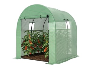 Serre tunnel avec 2 portes enroulables, 2 fenêtres grillagées et structure en acier, bâche pe 135 gm², anti-uv, verte