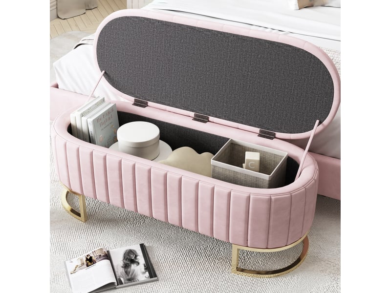  Banc de rangement 120 x 39,9 x 43 cm rose en velours, assise d'appoint avec coffre dissimulé  - Conforama B