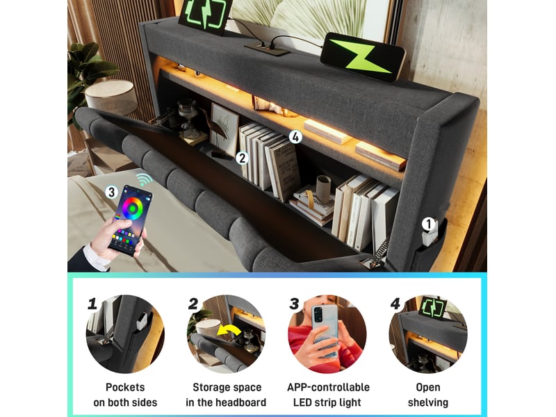 Lit coffre adulte 90x200 cm – gris – rangement hydraulique, led et connectique usb-c, avec matelas inclus - Conforama E