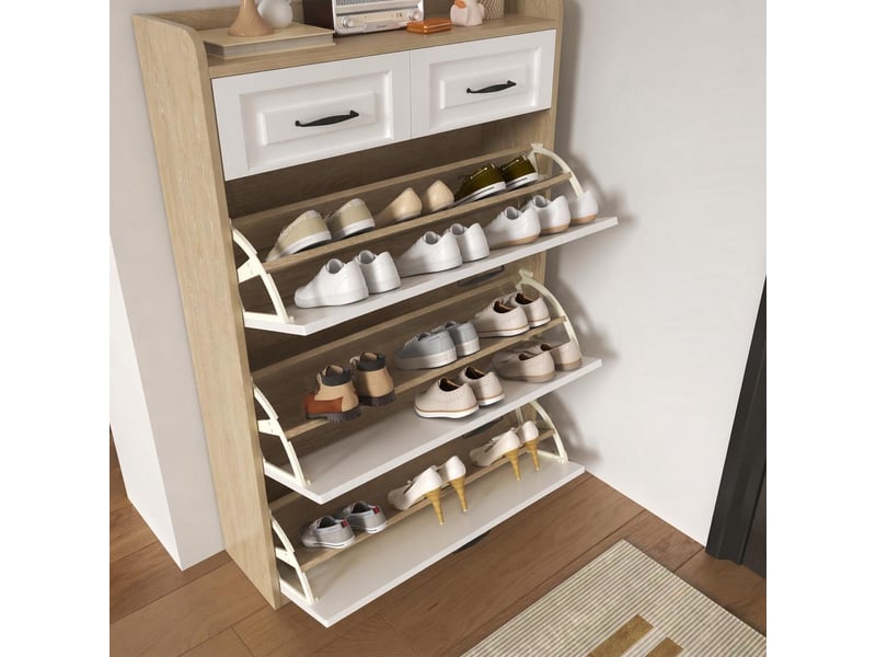  Commode à chaussures  80x23.5x131 cm avec armoire à chaussures pivotante, composée de trois grands volets et de deux tiroirs  - Conforama D