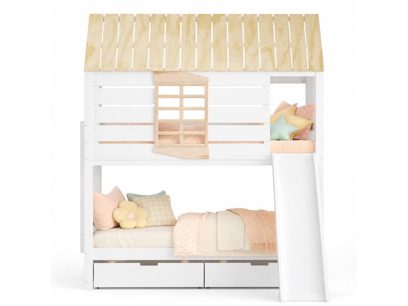 Modenvie lit superposé cabane 90x200 cm - avec toboggan, 2 tiroirs, fenêtre coeur - blanc et naturel - Conforama A
