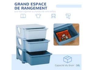 Organisateur de jouets pour enfants avec tiroirs à 3 niveaux, boîtes de rangement en plastique, bleu, 37 x 37 x 56,5 cm