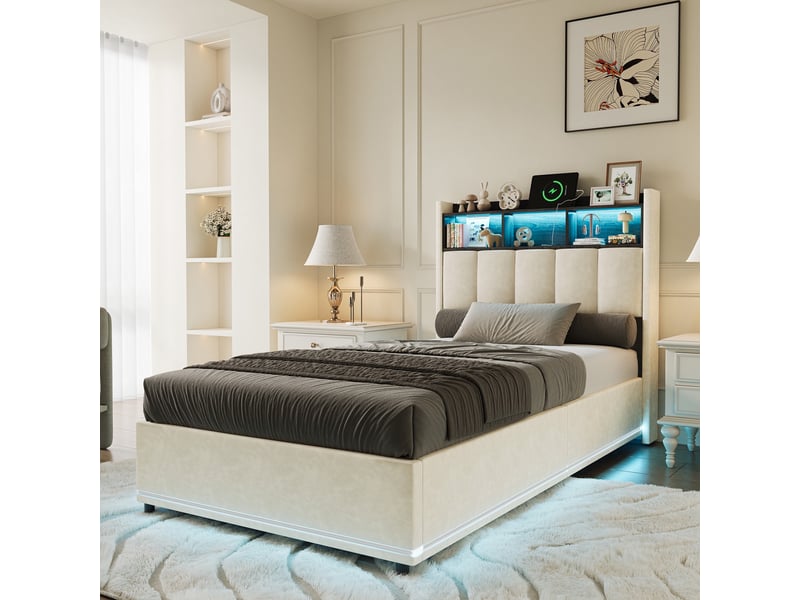  Lit 90x200cm  -  lit coffre 90x200cm  avec led - tête de lit avec rangement et éclairage - velours - beige - sans matelas  - Conforama B
