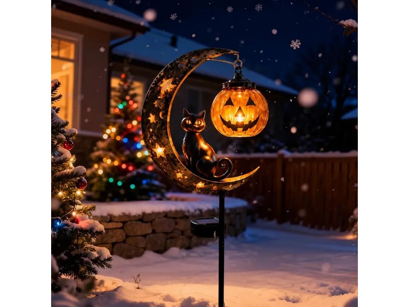  Lampe solaire de jardin halloween avec chat noir, citrouille et lune, piquet lumineux led étanche en métal pour pelouse, allée et terrasse  - Conforama C
