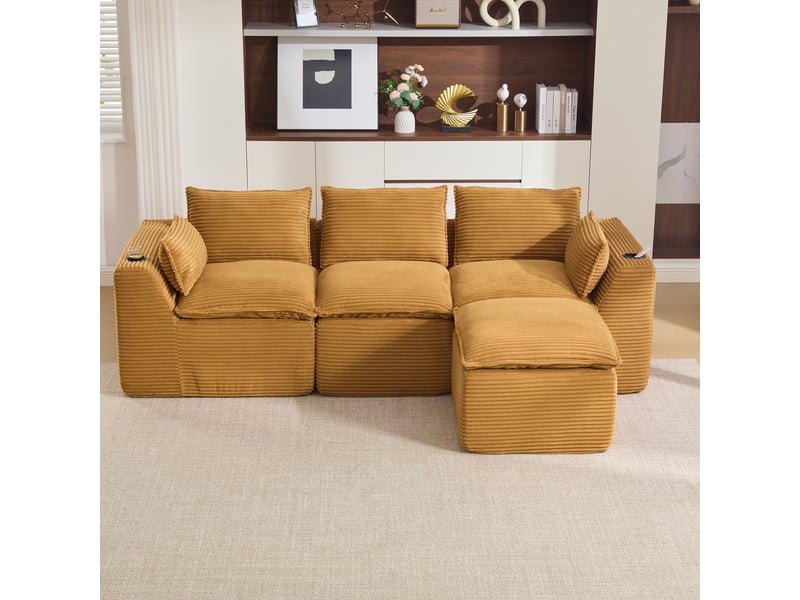  Canapé 3 places velours côtelé modulable avec pouf - orange - 256 cm - porte-gobelet et poches  - Conforama B