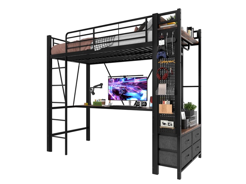  Lit mezzanine 90 x 200 cm bureau 4 tiroirs penderie panneau perforé led prise usb-c échelle métal mdf noir sans matelas  - Conforama A