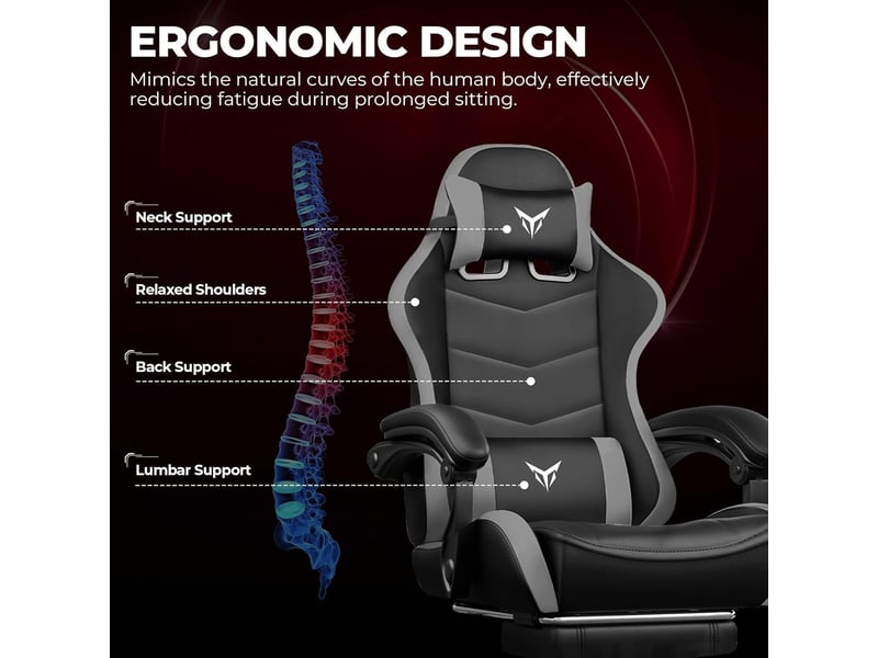 Gtplayer chaise de jeu avec repose-pieds, soutien lombaire et appui-tête réglable - gris XGC02-GY - Conforama E