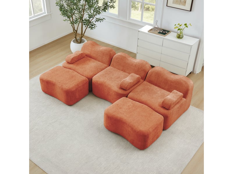 Canapé panoramique en u modulaire avec assise profonde et ottomans, en velours orange - Conforama D