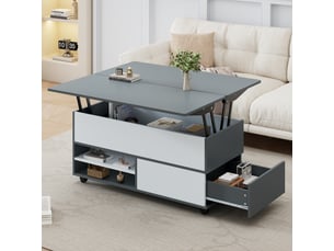Table basse relevable 100x98 cm avec rangement gris et blanc
