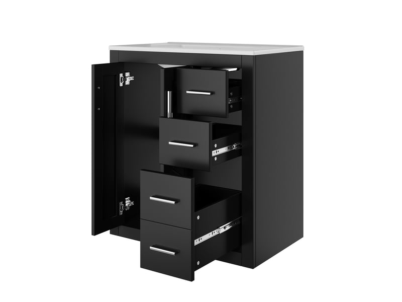  Meuble vasque sur pieds 76 x 46,5 x 85,5 cm – noir – 3 tiroirs, double porte et vasque intégrée  - Conforama D