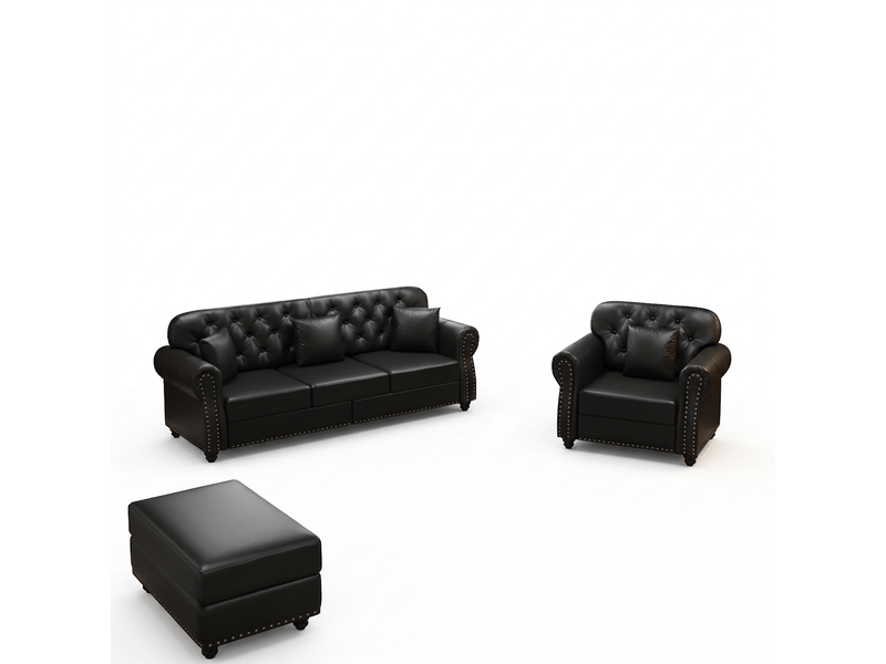  Salon chesterfield 4 places avec pouf en simili cuir noir, 210 cm Fay Lum - Conforama A