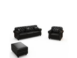 Salon chesterfield 4 places avec pouf en simili cuir noir, 210 cm