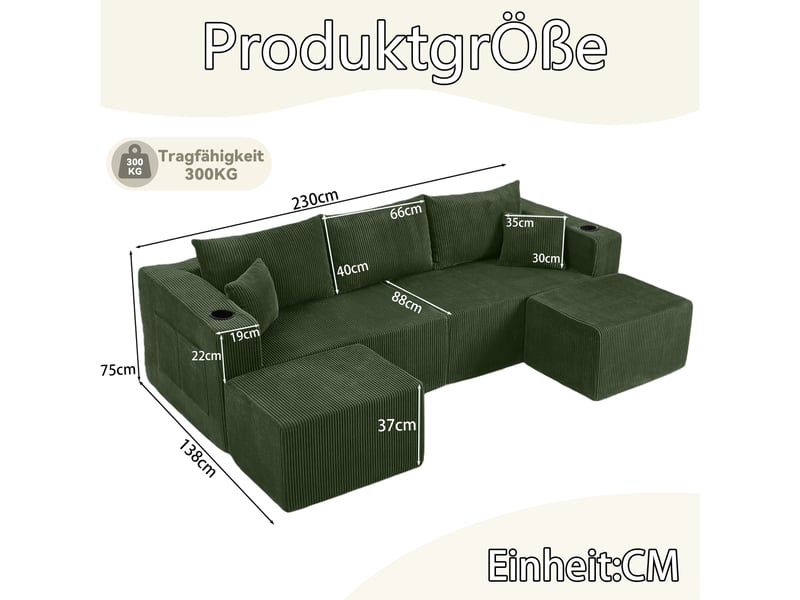  Canapé d’angle modulaire 3 places avec ottomans mobiles  - porte-gobelets, poches latérales, velours côtelé vert  - Conforama D