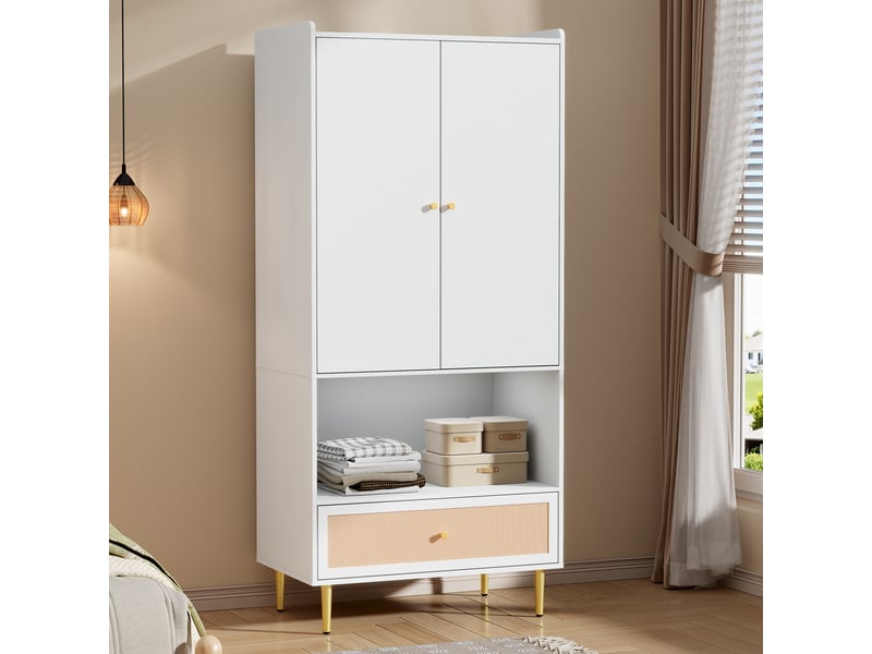  Armoire chambre 80x48x175 cm - 2 portes, penderie, tiroir en rotin pe, étagère ouverte, blanc  - Conforama D