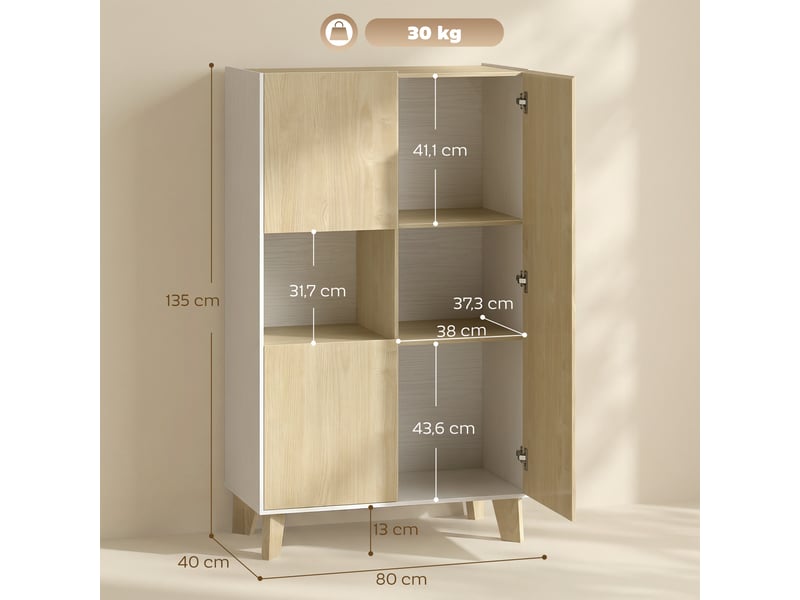  Buffet de salon, meuble de rangement à 6 compartiments avec portes à fermeture amortie, 80 x 40 x 135 cm, bois blanc et naturel  - Conforama E