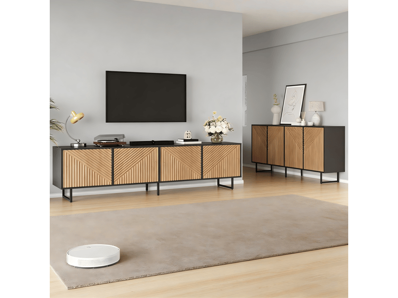 Ensemble meuble tv et buffet 180 x 40 x 50 cm – naturel et noir – 4 portes et rangement pour écran 80 pouces - Conforama D