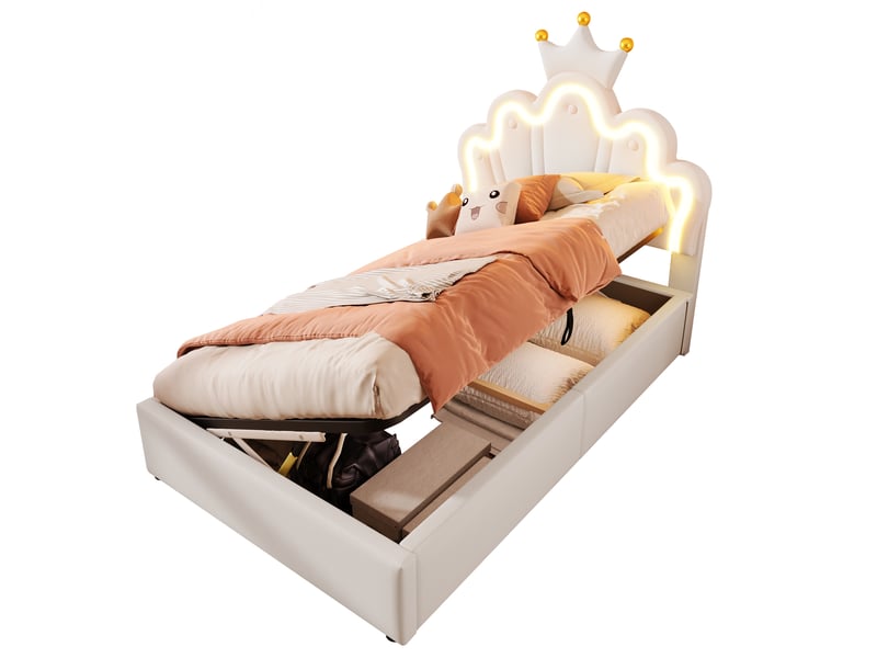  Lit coffre rembourré 90x200cm coloris blanc led pu lit enfant blanc - Conforama A