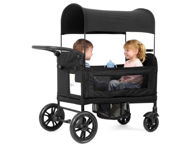  Chariot enfant pliable noir 2 places avec toit pare-soleil, plateau, poignée réglable, harnais 5 points et compact  - Conforama A