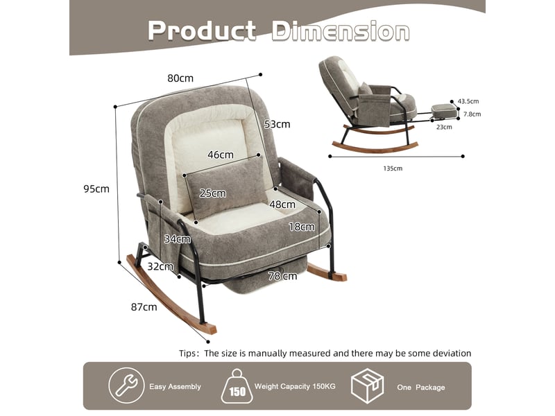  Fauteuil à bascule xxl avec repose-pieds, rocking-chair à dossier réglable, coussin rembourré, poche latérale, revêtement fausse fourrure, gris Seren Glow - Conforama C