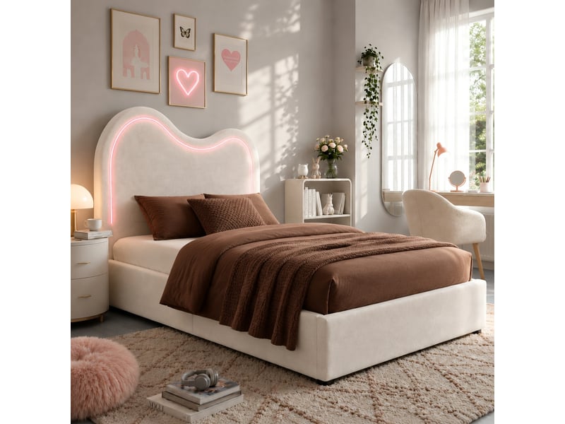  Lit d'enfant 90 × 200 cm, rangement hydraulique, avec sommier et tête de lit, velours, beige  - Conforama D