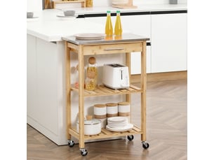 Chariot de cuisine en bambou avec plateau en acier inoxydable, tiroir et étagères à lattes, bois