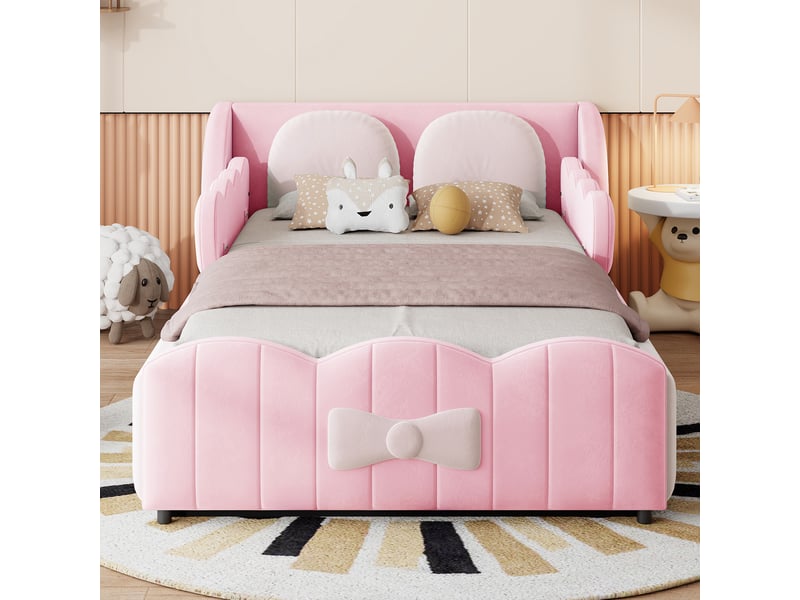  Lit coffre enfant 1 place 90×200 cm, rangement hydraulique et coussins - okmyhome- velours rose, sans matelas  - Conforama C