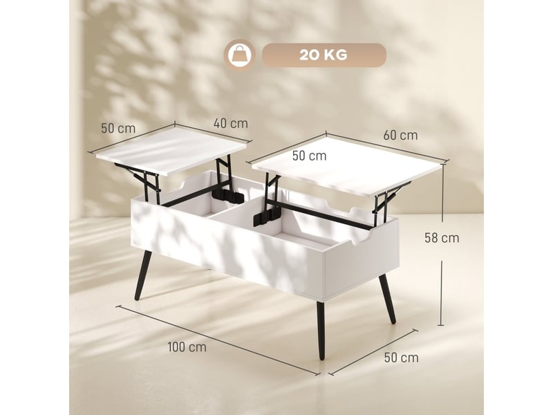  Table basse relevable 100x50x43,6-58 cm - avec double plateau, espace de rangement caché et pieds en métal – mdf - blanc  - Conforama C