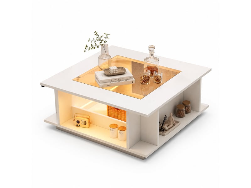  Table basse carrée avec led, verre et rangement pour salon en panneaux de particules 70×70×30 cm blanc  - Conforama A