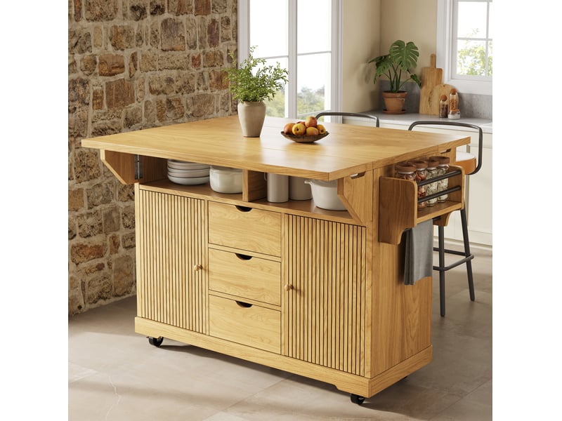  Desserte de cuisine mobile avec plateaux rabattables, 2 portes, 3 tiroirs et roulettes freinées en mdf marron naturel  - Conforama E