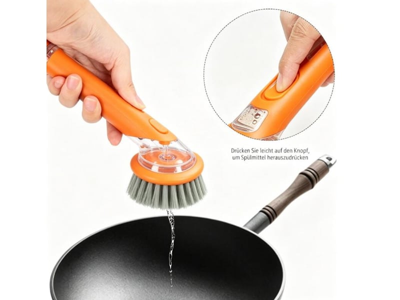  Brosse de nettoyage avec distributeur de savon, nettoyage puissant, convient pour les casseroles, les éviers, etc. Poils longs, orange  - Conforama C