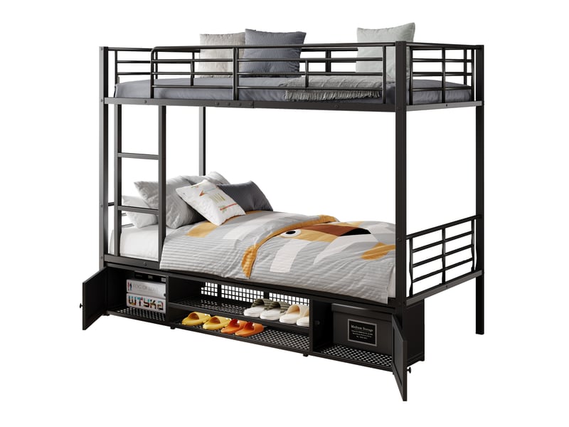  Lit superposé 90 × 200 cm 2 places avec échelle, rangements chaussures et placards, sans matelas, métal noir  - Conforama A