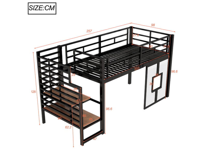  Lit mezzanine, 90x200 cm, lit enfant, escalier doté d’un espace de rangement, led, fenêtres, métal et mdf, coloris noir  - Conforama C