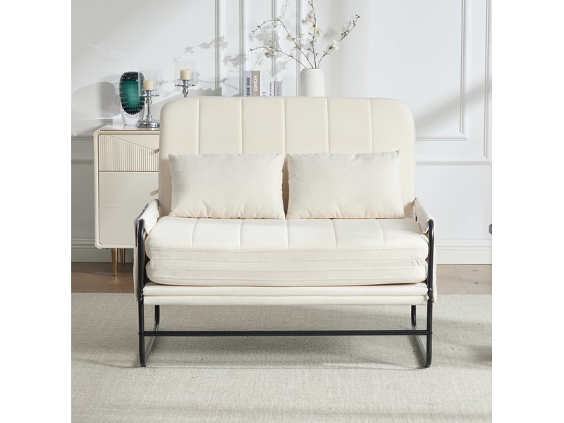  Canapé convertible 2 places avec poches latérales et coussin lombaire, structure en métal et chenille beige  - Conforama C