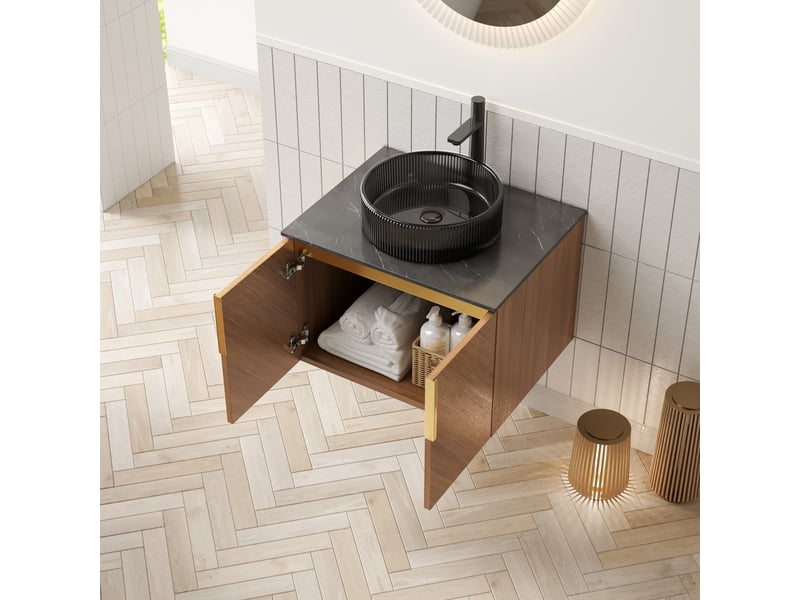 Meuble vasque suspendu 2 portes à fermeture douce - lpospi - rangement, verre trempé et pierre frittée - noir, chêne brun - Conforama C