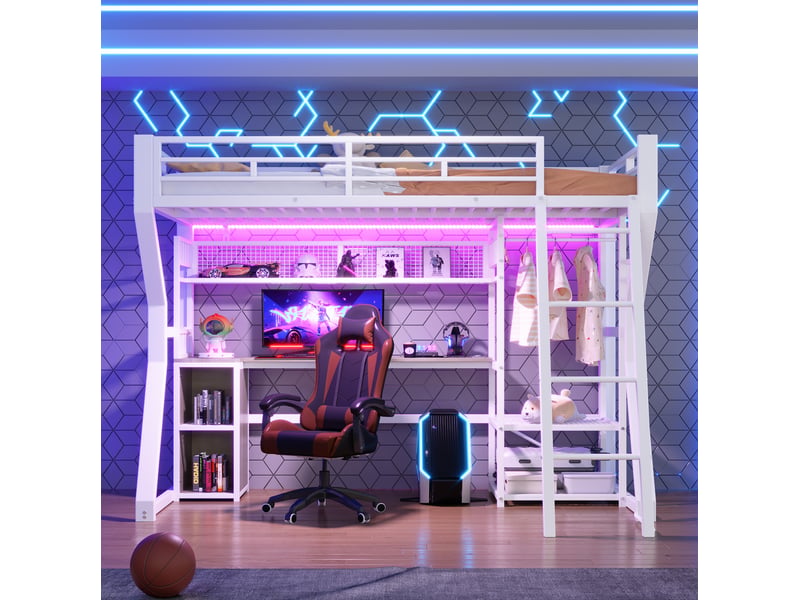  Lit mezzanine 90x200 cm avec bureau et éclairage en métal et mdf blanc  - Conforama C
