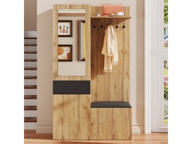  Penderie 5 crochets avec miroir – meuble-chaussures et armoire intégrée (étagères et tiroirs) – banquette de couloir  - Conforama E
