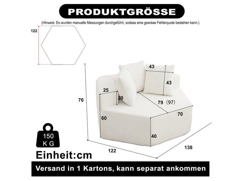Canapé modulaire 1 place hexagonal avec 3 coussins et base antidérapante, en chenille beige 122 × 138 × 76 cm - Conforama E